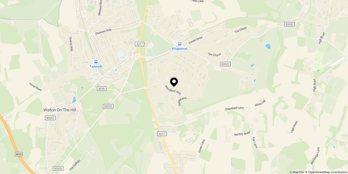 Approximate location of Woodland Way, Kingswood, Tadworth, KT20 6NN