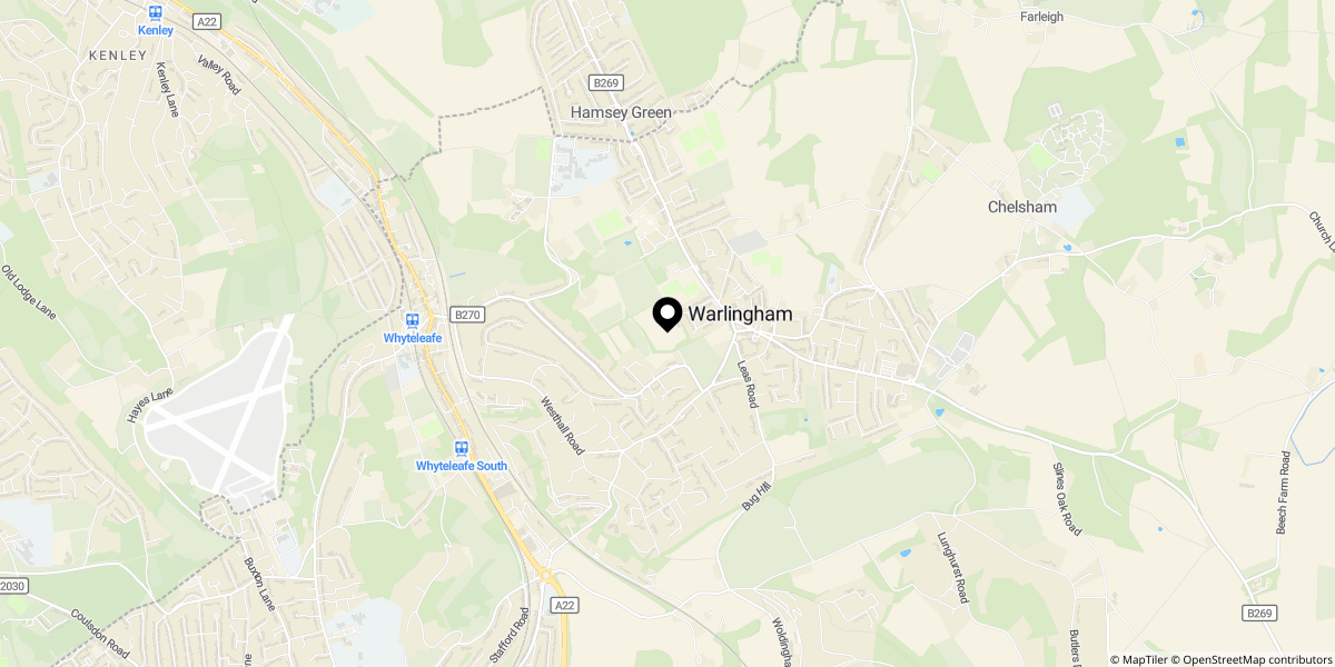 Approximate location of Hillbury Crescent, Warlingham, CR6 9TS
